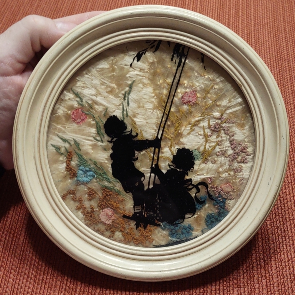 Vintage Round Reverse Painted Glass Picture Children Swinging Silhouettes